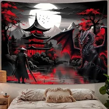 Japanese Anime Samurai Tapestry Cherry Blossom Monster Wall Hanging Home Decor