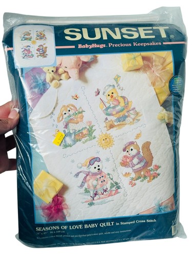 Vtg 2000 Sunset SEASONS OF LOVE Baby Quilt Stamped Cross Stitch Kit #13118 - Picture 2 of 12