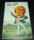 VINTAGE HALLOWEEN POSTCARD 1908 HUDSON TERMS STATION NY NEW YORK PUMPKIN HEAD — photo 1
