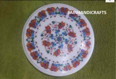 18'' White Marble Table Top Coffee Corner Inlay Malachite Inlay Round Handcraft