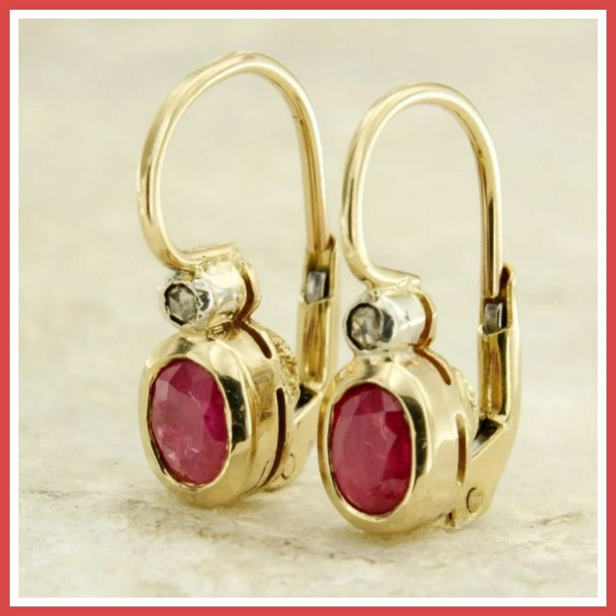 14k Solid Yellow GOLD Natural Genuine RUBY and DIAMOND Dangle