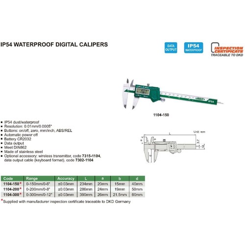 INSIZE IP54 Digital Caliper 0-200mm/0-8" Range Series 1104-200 - Picture 3 of 4