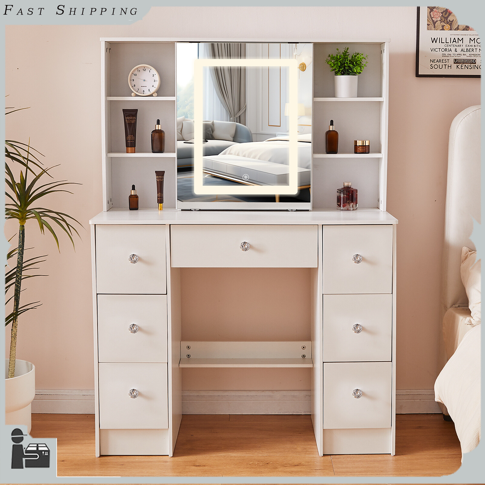 Charging Station Makeup Table Dressing Desk w/ LED Lighted Mirror & 7 Drawers-image