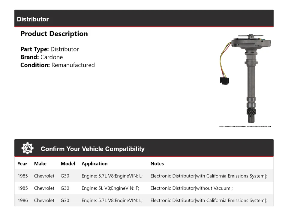 Cardone distribuidor Chevrolet G30 1985-1986 Foto 2 de 4
