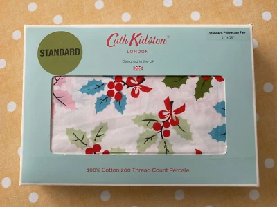 NEW Cath Kidston Christmas Holly Pair Pillow Cases - Standard