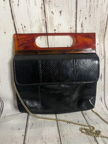 Vintage Black Patent Leather Bag with Lucite Handle - Image 1