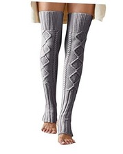 Women's Extra Long Stirrup Leg Warmers Winter Knitted Over Knee One Size Grey
