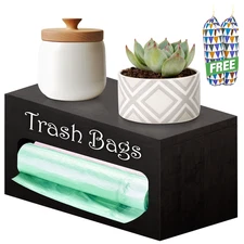 Wooden Garbage Dispenser & Trash Can Liner Holder with Grocery Bag Holder. 