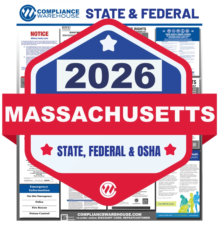 COMPLIANCE WAREHOUSE 2026 Massachusetts MA State/Fed Labor Law In 1 Compliance Poster Paper/Laminated