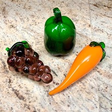 Vintage Lot of 3 Handblown Art Glass Fruit Murano Style Grapes Pepper, Carrot
