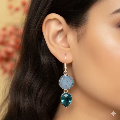 Apatite Botswana Agate Duo Earrings - 2.1" Handmade 925 Silver U784 - Image 1 of 4
