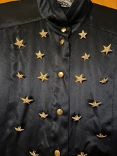 ESCADA SILK LONG BLOUSE IN BLACK CRYSTAL STAR EMBELLISHMENTS 42 12 WEST GERMANY