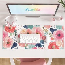 Pink Floral Large Mouse Pad Desk Mat PU Leather Waterproof 31.5 x 11.8 Inch