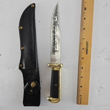 Vintage Original Bowie Knife Fixed Blade Hunting Knife w/ Leather Sheath Decorat