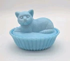 Vintage Westmoreland Blue Milk Glass Opaline Cat On A Nest 5.5" Lidded Dish