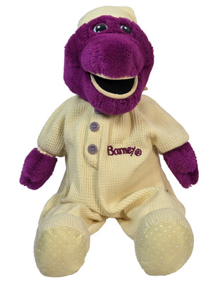 Vintage 90's Lyons Barney Plush Nighttime Yellow Waffle Knit Pajamas Purple Dino