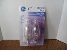 GE 15W Candelabra Light Bulbs 2-Pack Crystal Clear Blunt Tip Flame NEW