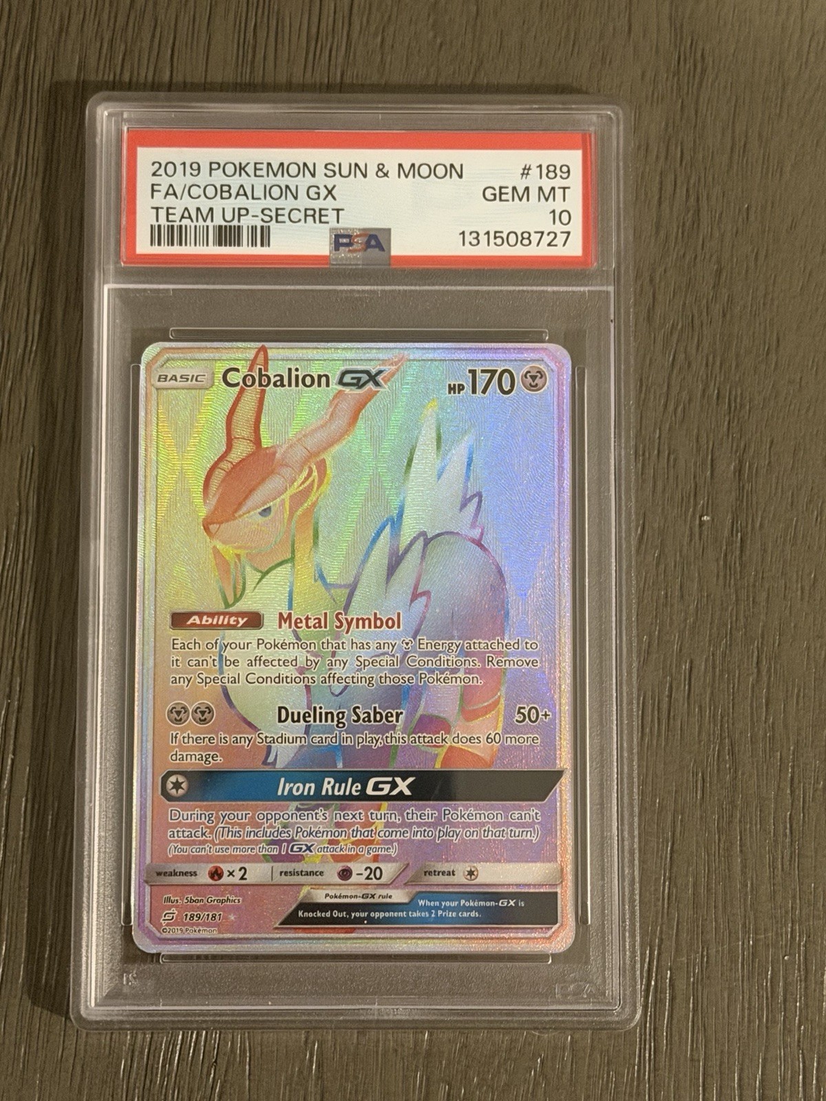 2019 Pokemon Sun Moon Team Up Cobalion GX FA Rainbow Secret Rare #189/181 PSA 10