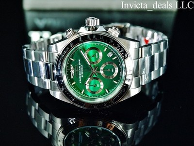 Rare Invicta Men's 40mm SPEEDWAY DRAGSTER Chronograph GREEN DIAL Silver SS Watch