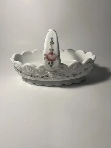 Vintage Westmoreland White Milk Glass Hand Painted Split Handle Bowl Basket