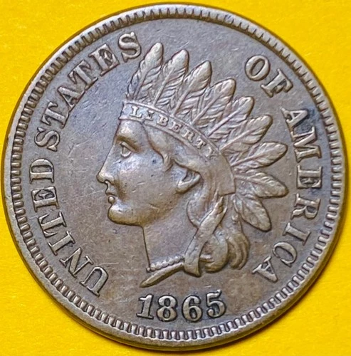 1865 (Fancy 5) INDIAN HEAD CENT COPPER PENNY 1c COIN (AU-About Uncirculated).