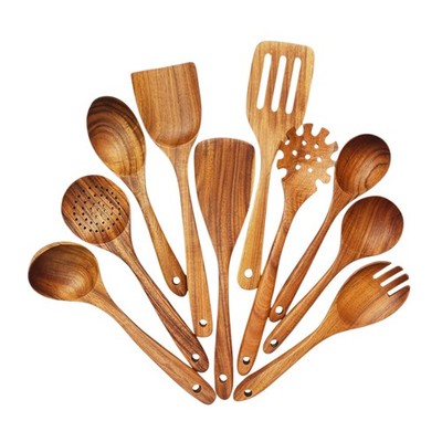Wooden Spoons for Cooking, 10 Pcs Wooden Cooking Utensils Set - Teak Wood Spatul
