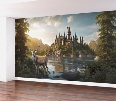 Magic Deer & Caste Wall Mural | Fantasy Wallpaper For Nursery, Self-adhesive
