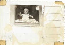 2 vintage abstract photos woman baby wave from inside house window