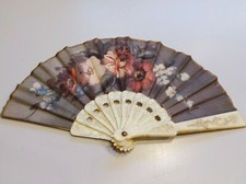 Vtg LADIES FOLDING HAND FAN Gray Fabric Flower Signed Ivanto Antique Celluloid 