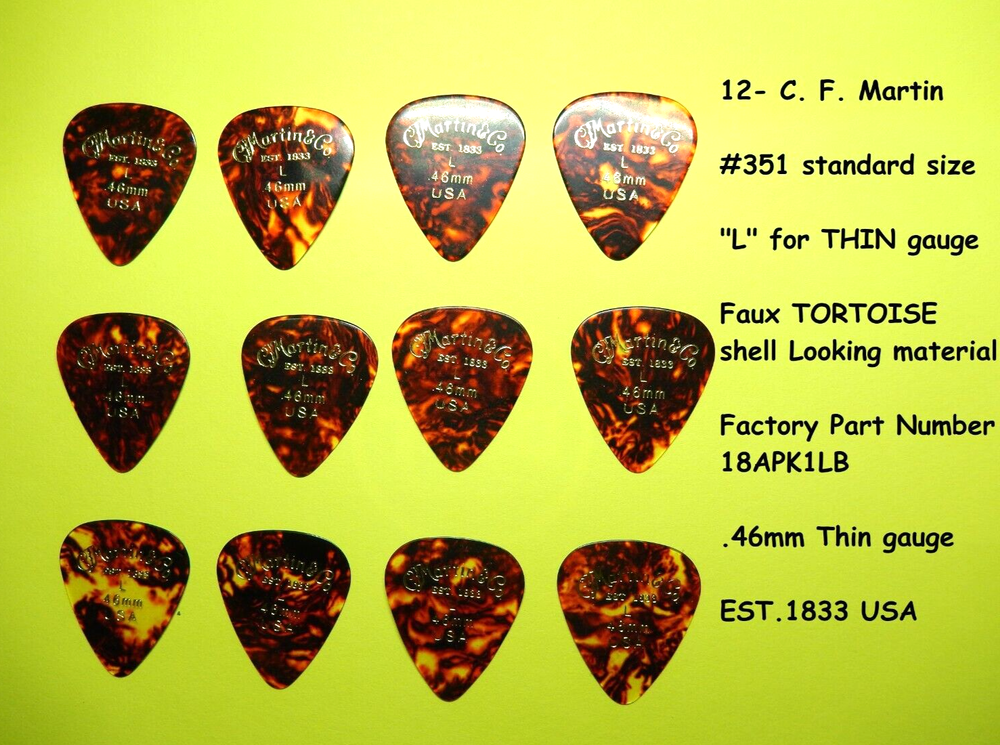 Martin 12-Pack Thin Guitar Picks 46mm Gauge for Smooth Play