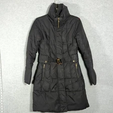 Down Belted Smocked Puffer Long Coat Jacket Black Gold S Express High Neck Retro