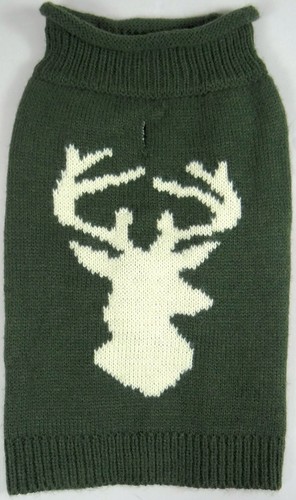 Dog Sweater Turtleneck Deer Stag Buck Dark Green Cream Size Small S