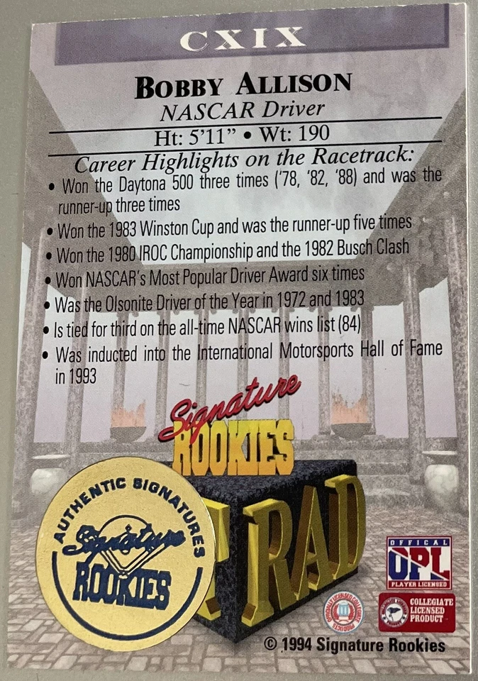 1994 Signature Rookies Bobby Allison NASCAR Autograph #596/1050 HOF - Image 2 of 3