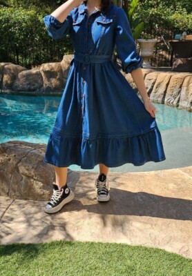 Maya Antonia Denim Midi Dress Buttons/Ruffle Jeans/Cotton/Fit and Flare/Boho | eBay Maya Antonia Denim Midi Dress Buttons/Ruffle Jeans/Cotton/Fit and Flare/Boho | eBay