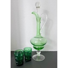 VTG- MCM Green Glass Pedestal Decanter W Handle Stopper Includes 2 Glasses