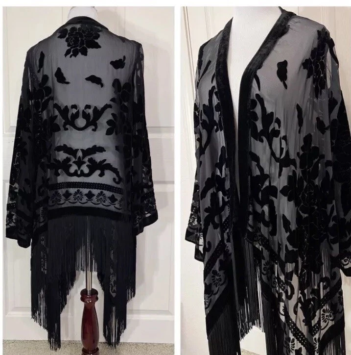 🦄🧥🖤Chaqueta Boston Propia Negra Terciopelo Burnout Flecos Frente Abierto Manga Campana Foto 2 de 4