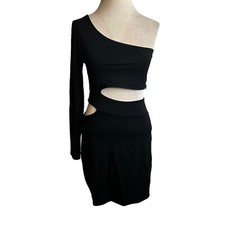 Donna Mizani Dress Womens Large Black Cut Out One Shoulder Sleeve Bodycon Party