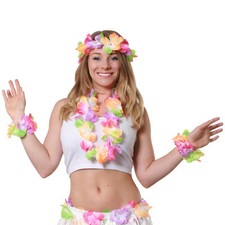 FLOWER LEI HAWAIIAN GARLAND HULA 4 PIECE FLOWER HEADBAND, NECKLACE & WRISTBAND