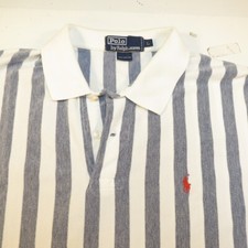 VINTAGE RALPH LAUREN KNIT POLO SHIRT Mens L Striped White  Blue W/ Red Pony