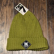 DC Shoes Men's Olive Stretch Ribbed Knit Cuffed Label Beanie Hats Cap One Size