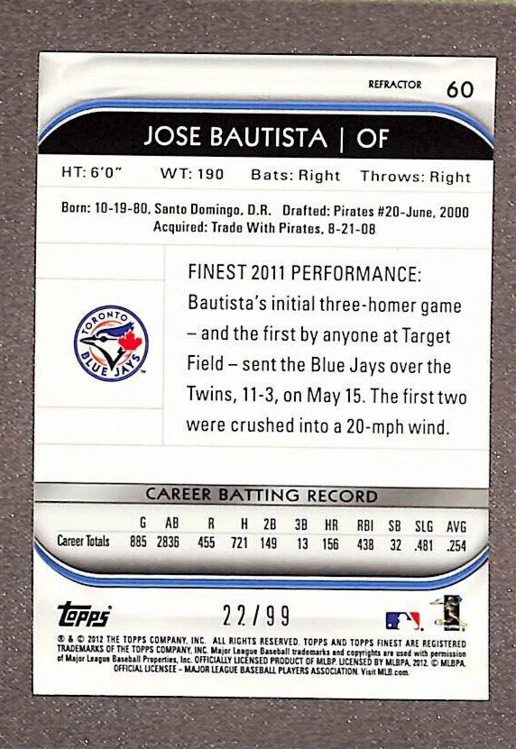 2012 Topps Finest #60 Jose Bautista Orange Refractor SP #/99 - Toronto Blue Jays - Image 2 of 3