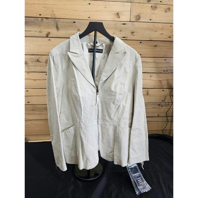 Pamela McCoy Women Cream Genuine Leather Animal Print Zip Blazer Jacket 1X NEW