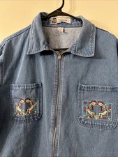 VTG Womens Sz L Embroidered Denim Jacket Kokopelli Western Indian Artsy Music