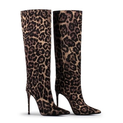 American Women's Super High Stilettos Heels Brown Leopard Print Knee High Boots
