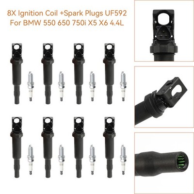 8X Ignition Coil +Spark Plugs UF592 Für BMW 550 650 750i X5 X6 4.4L