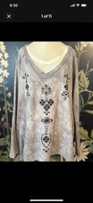 Free People Tie Dye Washed Gray Embroidered V-Neck Sweatshirt Top Large Boho