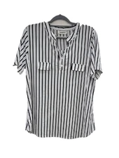 Nadashe Black And White Striped Ladies Short Sleeve V-neck Blouse XXL