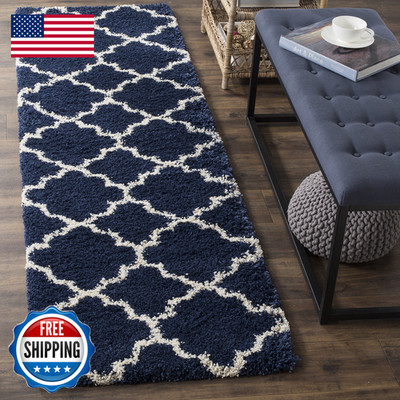 Safavieh Hudson Shag Collection Runner Rug - 23 X 6 Navy Ivory Moroccan Trellis