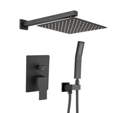 Shower Faucet Set 12" Rainfall Head Combo Kit with Mixer Valve Wall Mount Black