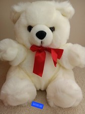 WHITE TEDDY BEAR PLUSH SOFT STUFFED ANIMAL TOY, RED BOW. 10" INC
